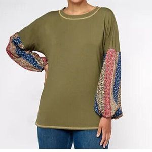 New Belle Boho by Kim Gravel TripleLuxe Knit Size 2XL Calico Stripes Top Loden